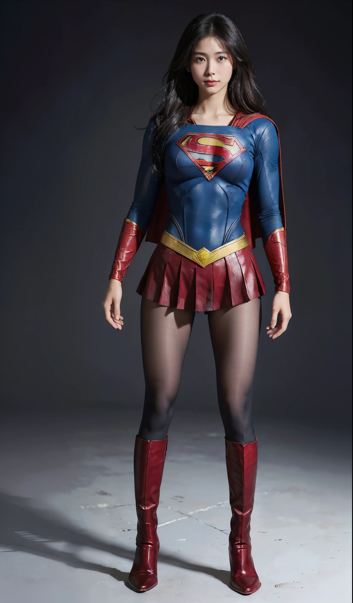 No background、(((Beautiful legs in black tights.)))、(((Legally express the beauty of your smile)))、((((Make the most of your original images)))、(((Supergirl Costume)))、(((Beautiful Hair)))、(((suffering)))、(((Please wear black tights....、Wear red boots)))、((Best image quality、8k))、((highest quality、8k、masterpiece:1.3))、(((Preserve background )))、Sharp focus:1.2、Beautiful woman with perfect figure:1.4、Slim Abs:1.2、Wet body:1.5、Highly detailed face and skin texture、8k
