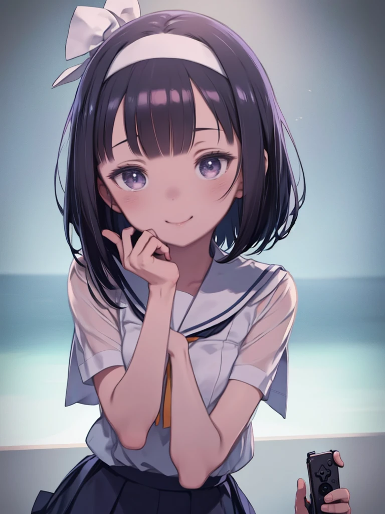 Anime girl in uniform looking at cell phone、Sailor suit, Sailor suit, One Woman, (Beautiful woman, Delicate schoolgirl:1.3), 8k, highest quality, masterpiece, Very detailed, Ultra-high resolution, Realistic, RAW Photos, Absolute Resolution, Black Hair, Bobcut, face is small compared to body, Very small face, Black Hair, Navy blue Sailor suit, Navy Blue Skirt, High school girl in Sailor suit, 2D Rendering of Anime, Realistic若いアニメの女子高生, , ((White headband)), Small breasts, expensive, Slanted Eyes, Purple eyes, Black Stockings, garter belt, smile, Private room, (Use both hands on the game controller:1.3), Top-down position,