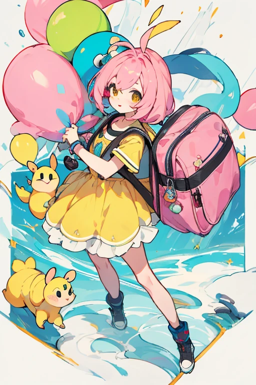 Chica, cabello rosa pastel, Gamer, con mochila de conejo 
