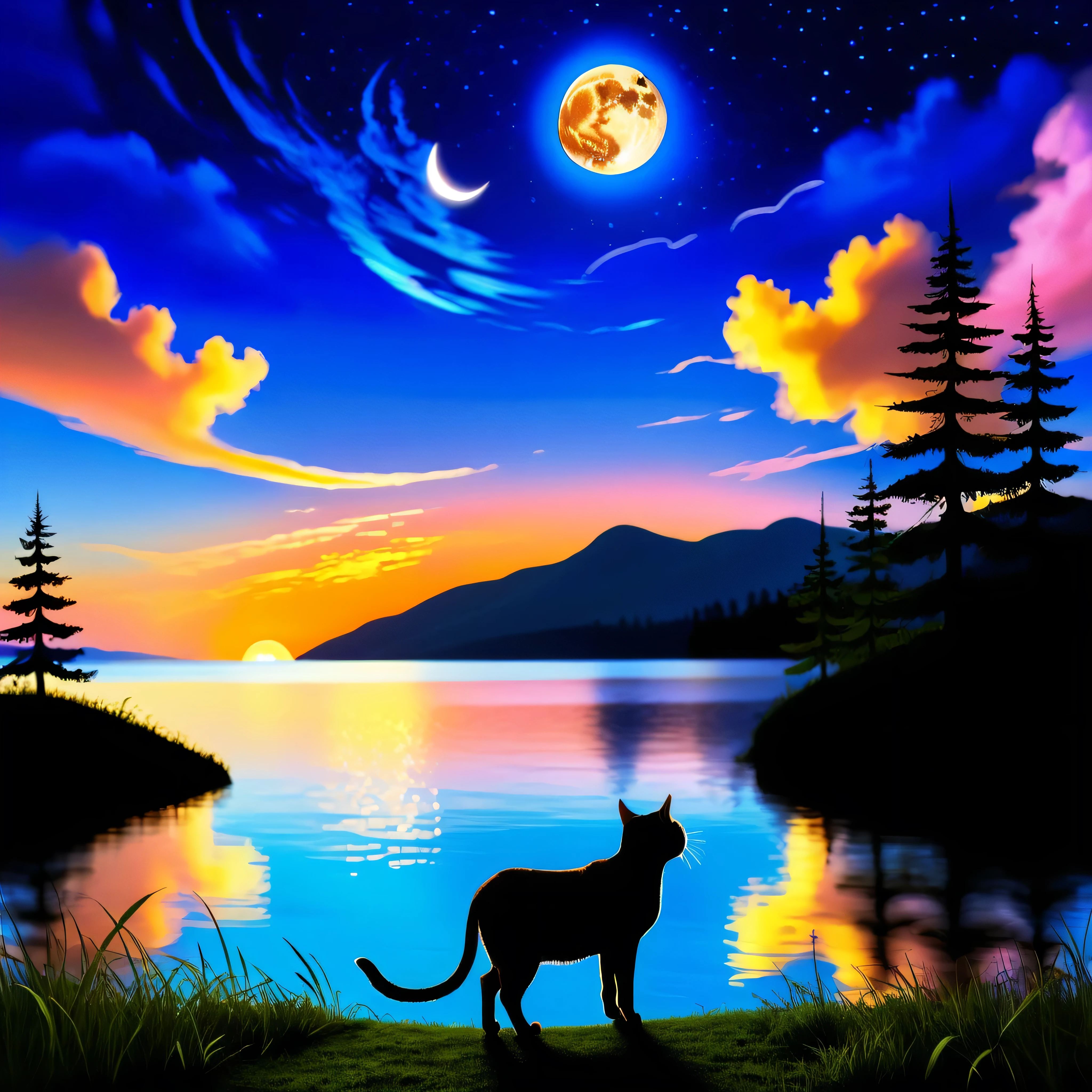 sunset,ultra high-definition, Ultra sharp Epic best quality, 32K, xt3, 64k, ultra high-resolution, max top masterpiece:1.2, ultra-detailed, ultra realistic:1.37, cat & dog landscape, warm colors, golden hour, peaceful, serene, gentle breeze, calm sea, ripples on the water, pink sky, majestic clouds, silhouettes of trees, tranquil atmosphere, endless horizon, reflecting sun rays, relaxing view, harmony of colors, aperture, bokeh, dreamlike, sun setting behind the mountains, sublime, ethereal, magical moment, fleeting beauty, everlasting memories, Realistic yodeling : Hey diddle diddle, The cat and the fiddle, The cow jumped over the moon; The little dog laughed To see such sport, And the dish ran away with the spoon. They be at hand Sir with stick and fiddle; They can play a new dance called hey-diddle-diddle. But since you think't an easy thing To mount above the moon, Of your own fiddle take a spring And dance when you have done. Hey diddle diddle, The Cat and the Fiddle, The Cow jump'd over the Moon, The little dog laugh'd to see such Craft, And the Fork ran away with the Spoon. Hey diddle diddle, The cat and the fiddle, The cow jumped over the moon; The little dog laughed To see such sport, And the dish ran away with the spoon. They be at hand Sir with stick and fiddle; They can play a new dance called hey-diddle-diddle. But since you think't an easy thing To mount above the moon, Of your own fiddle take a spring And dance when you have done. Hey diddle diddle, The Cat and the Fiddle, The Cow jump'd over the Moon, The little dog laugh'd to see such Craft, And the Fork ran away with the Spoon. They be at hand Sir with stick and fiddle; They can play a new dance called hey-diddle-diddle. But since you think't an easy thing To mount above the moon, ultra high-definition, Ultra sharp Epic best quality, 32K, xt3, 64k, ultra high-resolution, max top masterpiece:1.2, ultra-detailed, ultra realistic:1.37, varies multi etc. --v 6 --s 1000 --c 20 --q 5 --chaos 100