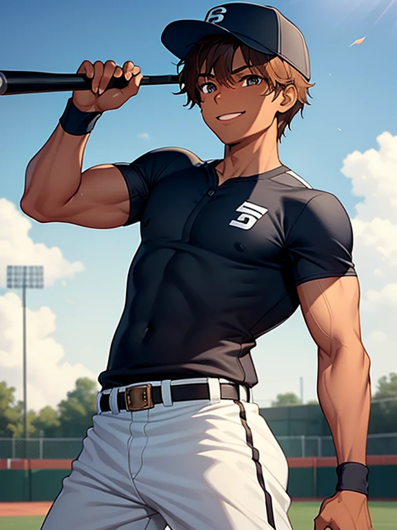 masterpiece, best quality, high resolution, UHD, 8k, ((cowboy shot)), BREAK, 1 boy , ((boy style anime)), rounded eyes, realistic eyes, shadow realistic, BREAK, (muscular body 1.9), dark skin, with dark brown, brown eyes, boy with brown hair, (wearing a white baseball uniform), (with a baseball cap), with baseball bat in jis hands, round butt, looking at the spectator with a smile on a baseball field on a sunny day.