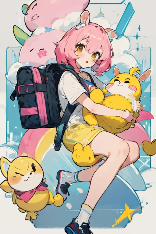 Chica, cabello rosa pastel, Gamer, con mochila de conejo