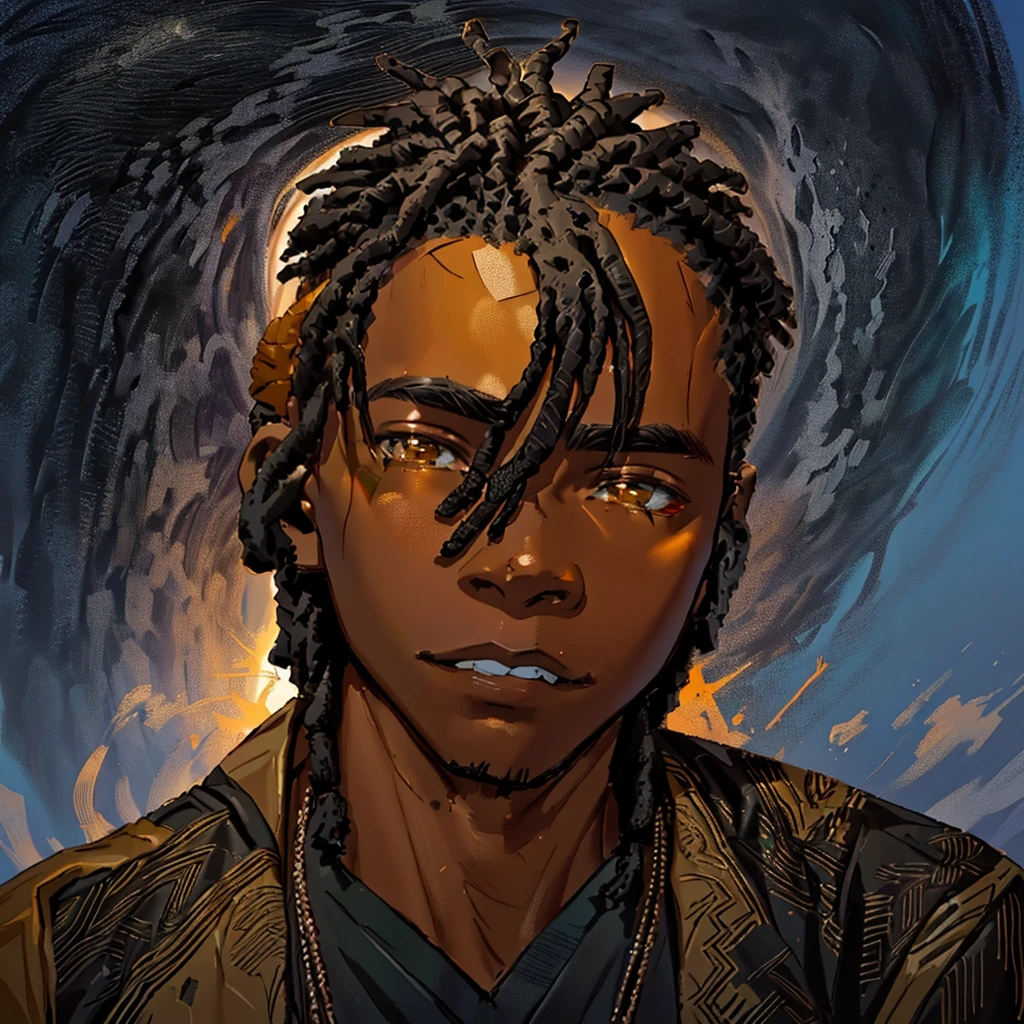 An African boy in normal age clothes with small dreadlocks black skin walking in the African region comes across a large black dragon standing, garoto com rosto perfeito, rosto perfeito, ((melhor qualidade)), ((obra de arte))