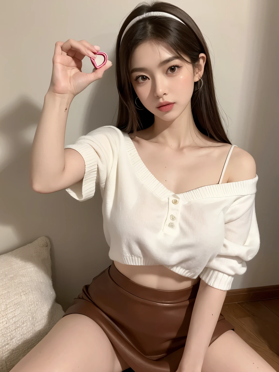 Kim Jennie with white brown hair, con rulos en las puntas, with two bows on each side of the hair, all her hair white brown, with a star clip in her white brown hair, ojos de color claro, ojos bonitos, ojos llorosos, nariz bonita y respingada, nariz lloroso, labios bonitos, labios rosas, heart and cupid shaped lip, piel bonita, pale, piel blanca, con lunares y pecas en todo el rostro, rubor rosa suave en las mejilla, rubor rosa natural, maquillaje suave y rosa, jennie, cuello bonito, cuello marcado, frown, mirada tierna, con un collar de beso, un collar bonito de beso, parecido a Yumeko Jabami, mientras lleva puesto un Crochet YK2, de lana, with a YK2 style brown mini skirt, mientras lleva una casaca con estampados de ositos, mientras tiene el abdomen desnudo, delgado, marcado y bonito, (pechos grandes, pechos suaves, pechos bonitos), mientras esta haciendo cospaly del personaje Yumeko Jabami, del anime Kakegurui, mirando a la camara, autofoto, selfie bonita