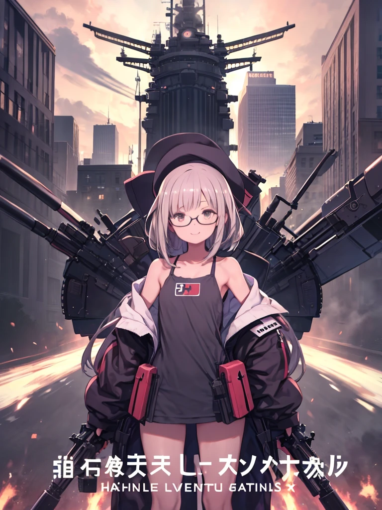 A girl with a gun and glasses is standing in front of a building、Tabletop, highest quality, One Girl, Sharp eyes, Wicked Smile,Rocket Launcher、Huge firearms、big round glasses,camisole、Jagged teeth,Moe、heavy machine gun、machine gun、Spree、Big Explosion、Little