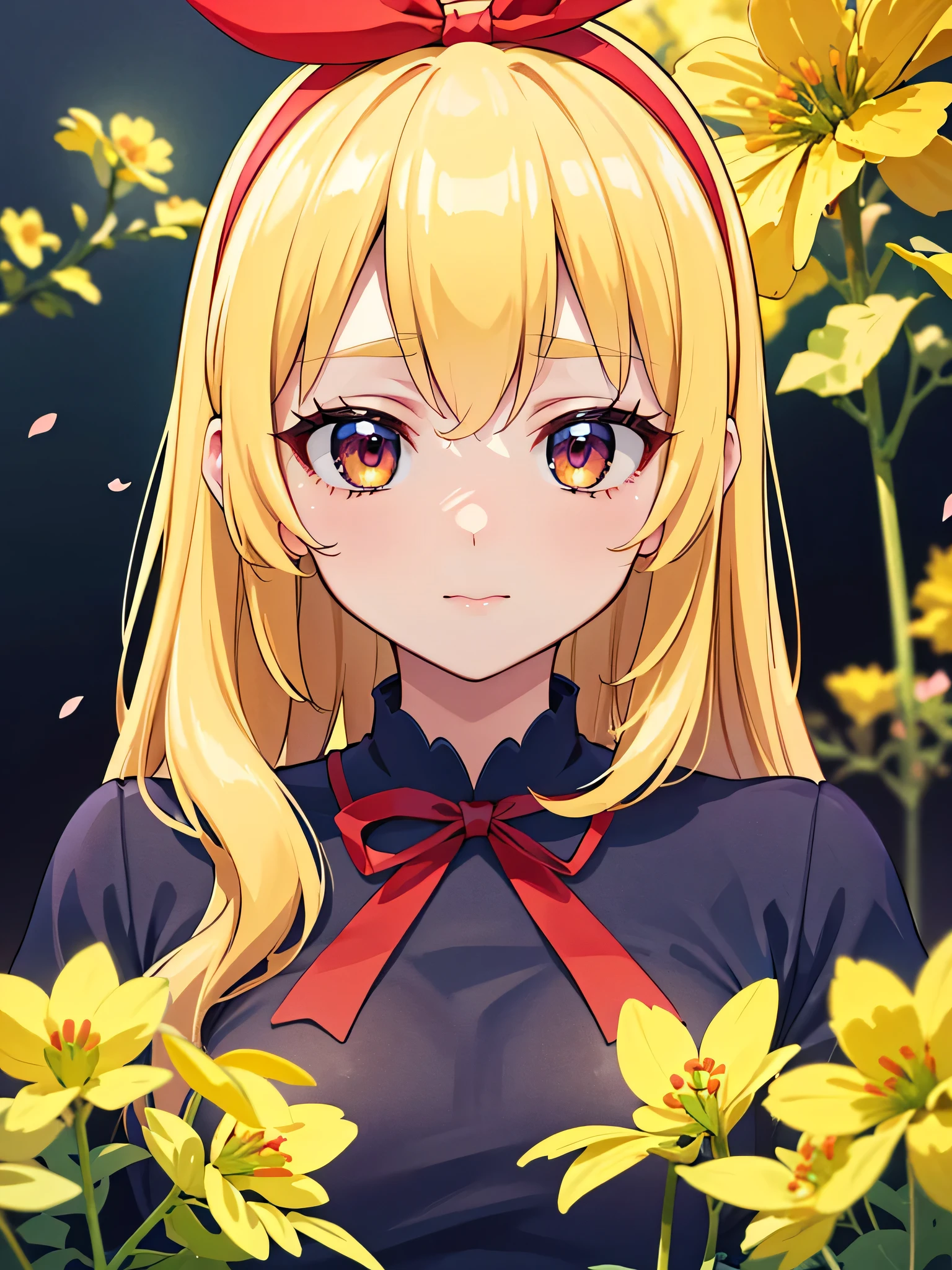 (RED Ribbon on HAIRband:1.2),Blonde HAIR,(masterpiece, best quality, highly detailed, ultra detailed, high resolution, absurdres, 4K, 8K:1.2), (official art, incredibly fine illustration, extremely detailed CG, detailed background, cinematic lighting, dynamic angle, perfect hands, detailed shiny skin, detailed hair, detailed eyes)(extremely awesome detailed pretty face,beauty face)(extremely detailed)(Three-dimensional depiction)
BREAK, ((canola flowers, cherry blossoms)){(large grounds, canola flowers, cherry blossoms in full bloom, beautiful woman wearing a one-piece dress)},8k, high resolution, absurd, employed, delicately composed, detailed, exquisitely detailed, bold composition, cinematic angles, dynamic angles, top quality, masterpiece,