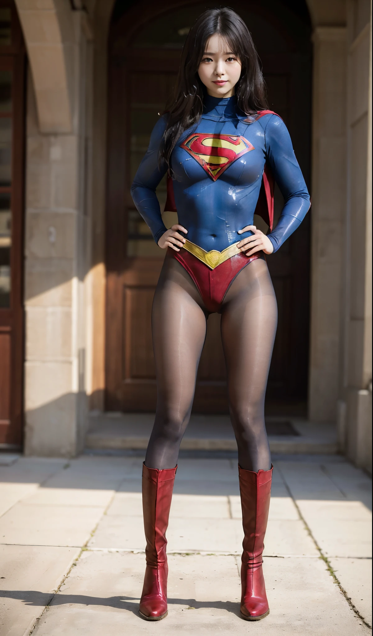 No background、(((Beautiful legs in black tights.)))、(((Legally express the beauty of your smile)))、((((Make the most of your original images)))、(((Supergirl Costume)))、(((Beautiful Hair)))、(((suffering)))、(((Please wear black tights....、Wear red boots)))、((Best image quality、8k))、((highest quality、8k、masterpiece:1.3))、(((Preserve background )))、Sharp focus:1.2、Beautiful woman with perfect figure:1.4、Slim Abs:1.2、Wet body:1.5、Highly detailed face and skin texture、8k