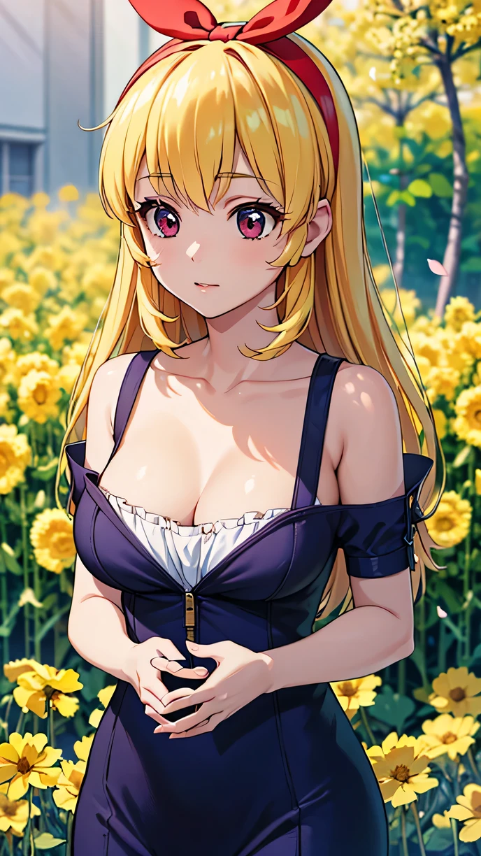 (RED Ribbon on HAIRband:1.2),Blonde HAIR,(masterpiece, best quality, highly detailed, ultra detailed, high resolution, absurdres, 4K, 8K:1.2), (official art, incredibly fine illustration, extremely detailed CG, detailed background, cinematic lighting, dynamic angle, perfect hands, detailed shiny skin, detailed hair, detailed eyes)(extremely awesome detailed pretty face,beauty face)(extremely detailed)(Three-dimensional depiction)
BREAK, ((canola flowers, cherry blossoms)){(large grounds, canola flowers, cherry blossoms in full bloom, beautiful woman wearing a one-piece dress)},8k, high resolution, absurd, employed, delicately composed, detailed, exquisitely detailed, bold composition, cinematic angles, dynamic angles, top quality, masterpiece,