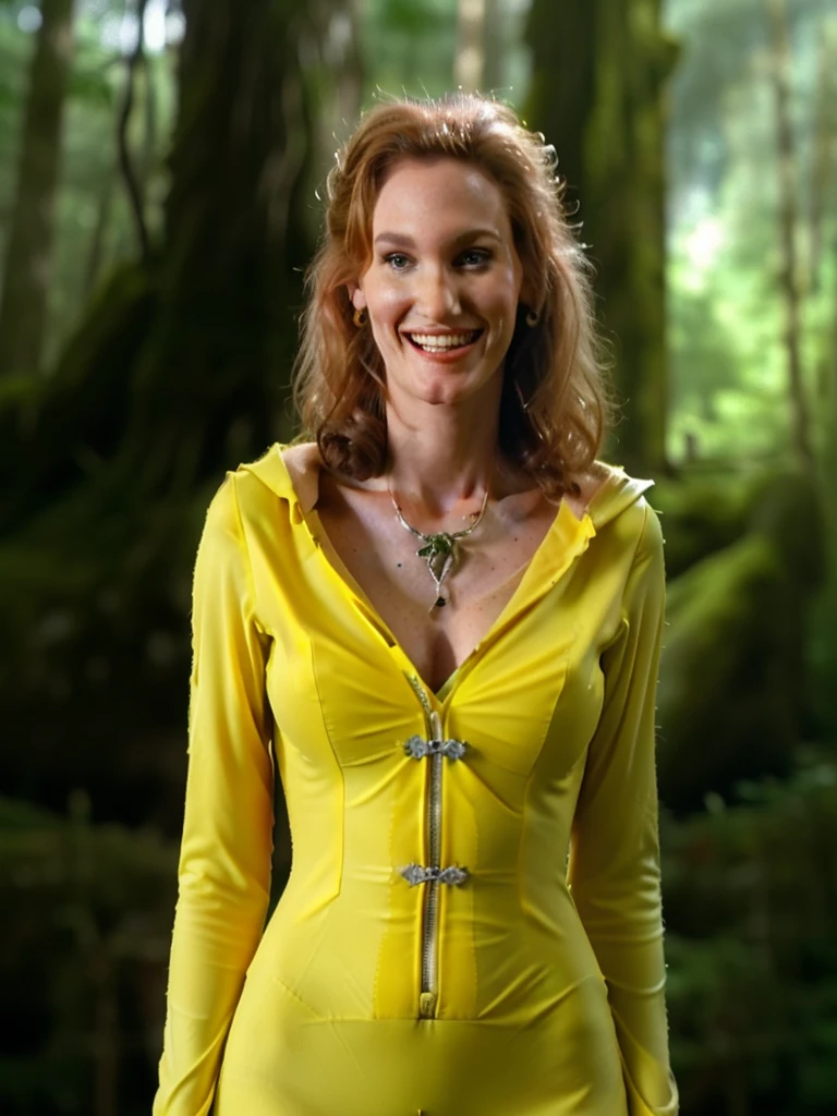 JudithHoagTMNTApril, ((dynamic pose, sexy letter pose :1.4)), ((A mossy, ancient stone ruin in a lush, overgrown forest, midnight, bokeh, realistic lighting, ray tracing, bloom, cowboy shot:1.4)), ((solo)), (close-up shot :1.4), ((masterpiece, best quality, highres, absurdres)), a high resolution RAW photo of a young JudithHoagTMNTApril woman with long curly red hair, ((wearing a yellow jumpsuit, cleavage)), ((smiling, happy facial expression, looking at viewer)), atmospheric, ((photorealism, photorealistic:1.4)), 8k, highly detailed, intricate detail, ((slender, slender build :1.4)),
