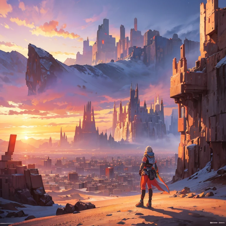 Mountain at sunset, a futuristic city in the desert as background, low clouds cover mountain, realistic+high intricate details, colorful clothing, full bodies, 16k.