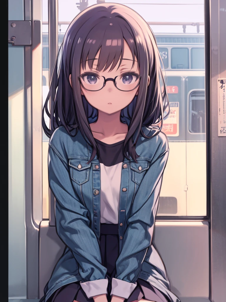 Anime girl sitting on a bus with a cell phone to her ear, Anime giRl weaRing glasses and a denim jacket sitting on a tRain, 🚿🗝📝, Anime Styleに, Anime Style, anime moe aRt style, [ Digital ARt ]!!, far!!, 日本のAnime Styleに, Realistic!!, Kantai Collection Style, IllustRative!!, an anime giRl, R /ARt Book, R/ARt Book, R / ARt Book
