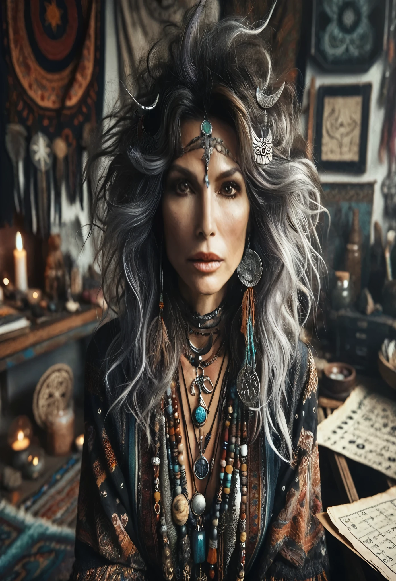 realistic details of face of old woman with long hair and a headpiece is sitting in a room, she is dressed in shaman clothes, wholesome techno - shaman lady, shaman witch, sorceress woman, witch woman, wearing psychedelic wicca, gothic maiden shaman, russian shaman, beautiful female druid, beautiful young female shaman, a young female shaman, portrait of a female druid