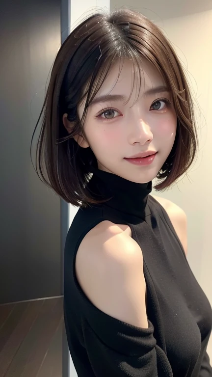 (((Close-up of face)))、(((Absolutely shoulder-length brown straight short bob)))、(((She is posing like a hair salon model, with a black wall indoors as the background.)))、(((Casual black winter long sleeves with shoulders covered)))、Half Japanese, half Korean、18 year old girl、Standing Alone、Looking forward、Light eye makeup、Brown Hair Color、Flat and 、Hair blowing in the wind、Actress Quality、Glossy, ultra-realistic face、Smiling face、Watery eyes、Gazing Up、Subtle lighting effects、 Ultra-Realistic Capture、Very detailed、High resolution 16K close up of human skin。Skin texture must be natural、The details must be such that pores can be clearly seen、The skin is healthy、Uniform tone、Use natural light and colors、A worn-out, high-quality photo taken by a model agency&#39;s in-house photographer.、smile、(((SIGMA 300 mm F/1.4,1/1000 sec shutter,ISO 400)))
