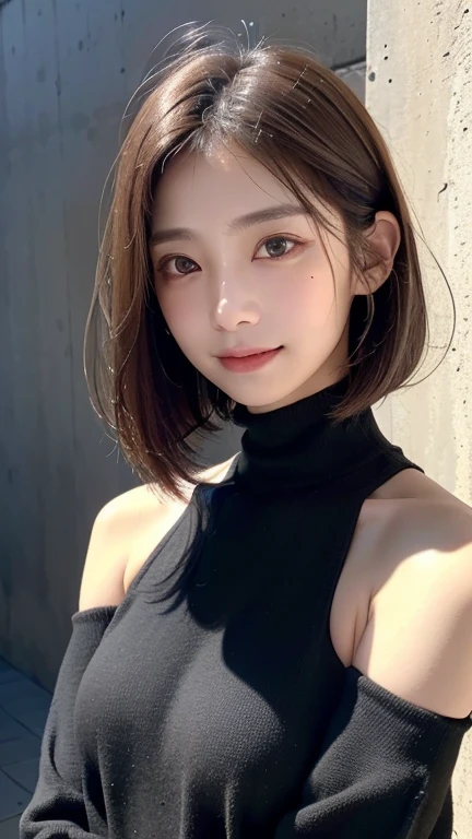 (((Close-up of face)))、(((Absolutely shoulder-length brown straight short bob)))、(((She is posing like a hair salon model, with a black wall indoors as the background.)))、(((Casual black winter long sleeves with shoulders covered)))、Half Japanese, half Korean、18 year old girl、Standing Alone、Looking forward、Light eye makeup、Brown Hair Color、Flat and 、Hair blowing in the wind、Actress Quality、Glossy, ultra-realistic face、Smiling face、Watery eyes、Gazing Up、Subtle lighting effects、 Ultra-Realistic Capture、Very detailed、High resolution 16K close up of human skin。Skin texture must be natural、The details must be such that pores can be clearly seen、The skin is healthy、Uniform tone、Use natural light and colors、A worn-out, high-quality photo taken by a model agency's in-house photographer.、smile、(((SIGMA 300 mm F/1.4,1/1000 sec shutter,ISO 400)))