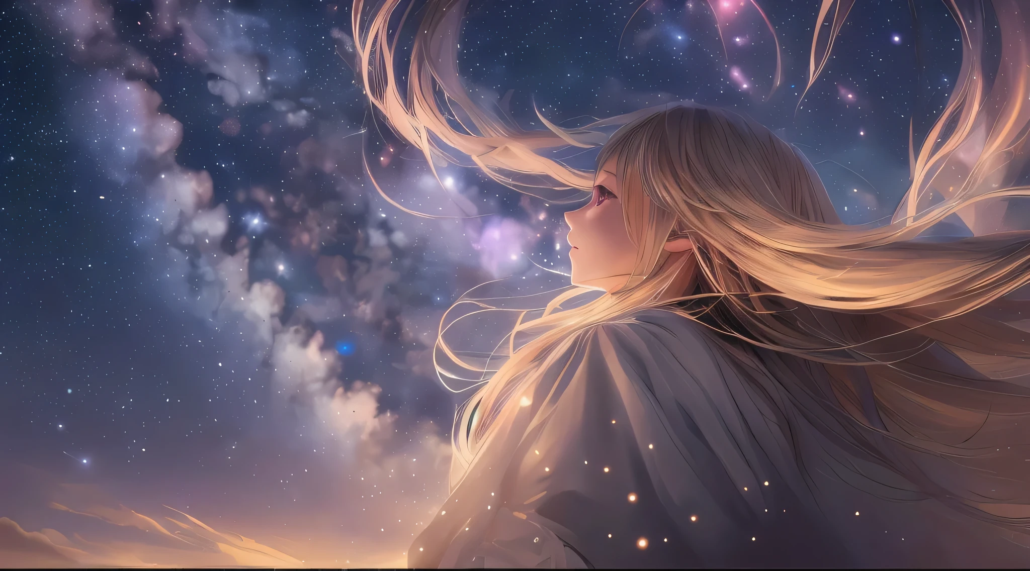 Long Hair Anime Girl looking at the stars in the sky, Anime girl with space-like hair, blonde Long Hair Anime Girl, Long Hair Anime Girl, Anime Girl Desktop Backgrounds, anime art wallpaper 4k, anime art wallpaper 4k, Beautiful anime artwork, anime art wallpaper 8k, Beautiful anime art, anime wallpaper 4k, anime wallpaper 4k