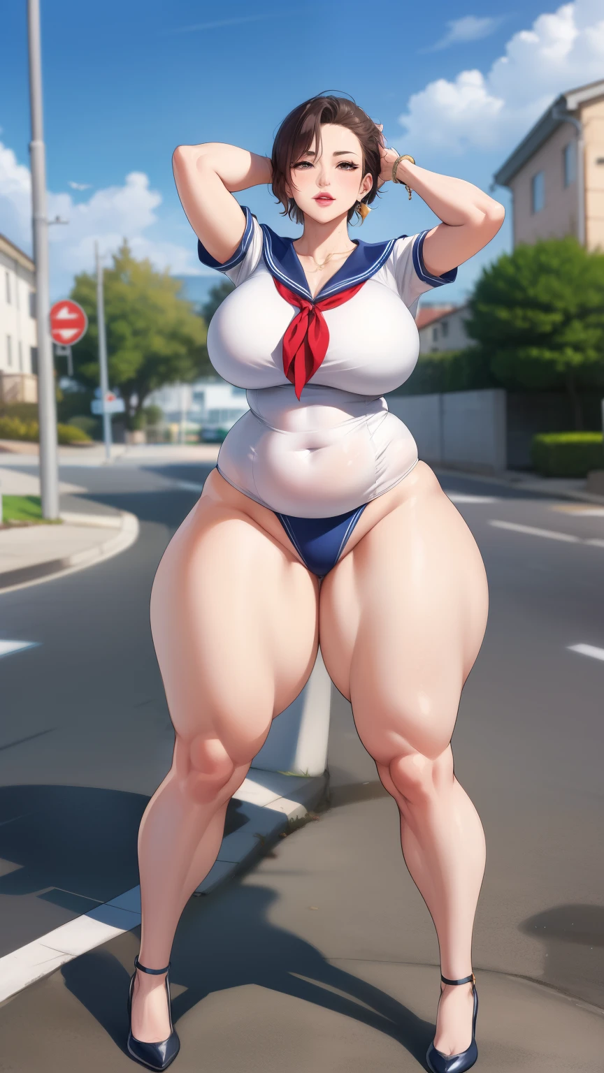 Large Breasts, Big Hips,Full Body Shot, Mature mother, Whipping the lower body, plump thighs, Ample calves, Seductive mature woman, Perfect body, Plus Size Model,high school girl,Sailor suit, The skirt is short,Mature woman wearing Sailor suit,