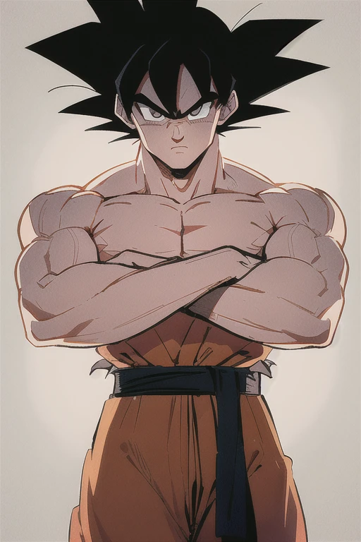 son goku, 1boy, closed mouth, male focus, muscular, muscular male, rock, sash, serious, solo, spiked hair, topless male, torn clothes, ultra instinct, black eyes, black hair, ((masterpiece))