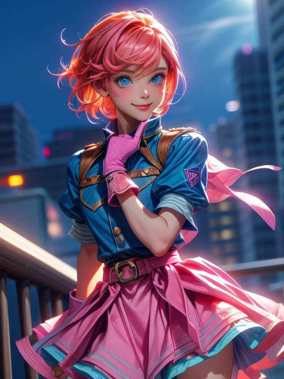 One girl,Cowboy Shot, Beautiful Nora_Valkyrie, View your viewers, smile, short hair, blue eyes,Heart Cutout, gloves,  Jacket, Pink Skirt, Pink Belt, Short sleeve, Puffy sleeves, One armband, fingerless gloves, Orange Hair, pink gloves, Dynamic pose, night, Outdoor, city, (Volumetric lighting), highest quality, masterpiece, Intricate details, Tone Mapping, Sharp focus, Super detailed, Trending on Artstation,