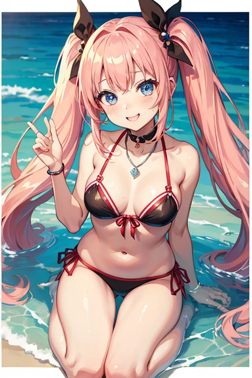 masterpiece, highest quality, High resolution,Anime Style、Characters from Tensura、Milim Platinum pink hair(Twin tails:1:20)(Ahoge:1:10)、blue eyes、About 、chest、上半身はchest当てのみ、The lower half of the body is in a bikini、Smile with your mouth closed、The double tooth shines、Red on the neck、white、A necklace with a blue magatama、Border socks