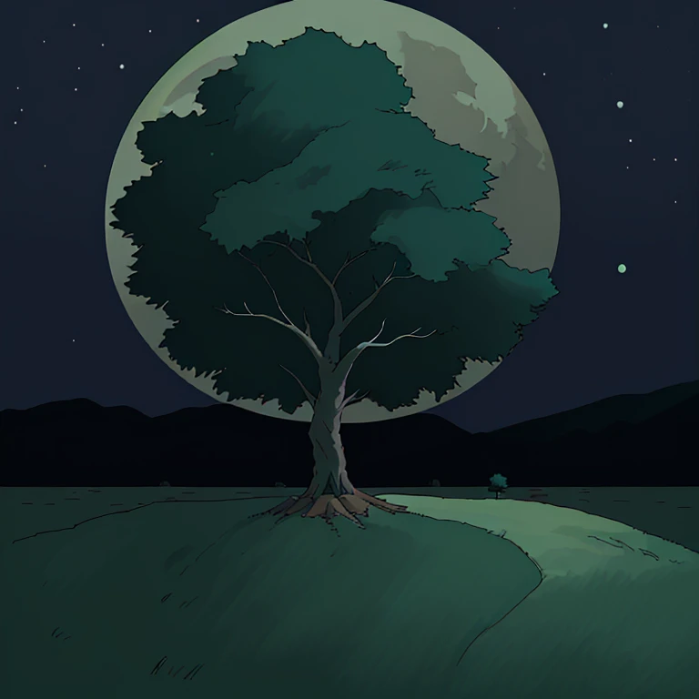 Clareira nas montanhas, lone tree, cair da noite