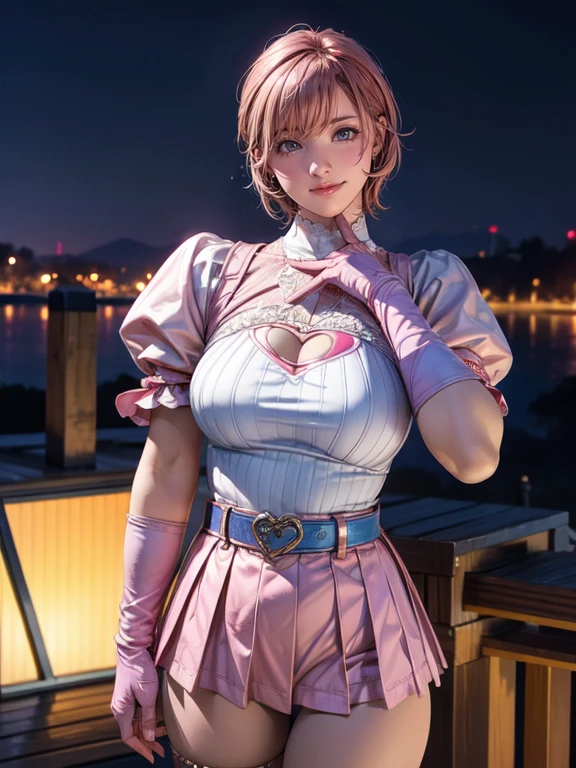 {{masterpiece、highest quality、(((Realistic、Realistic:1.37)))、8K quality}}, One girl,Cowboy Shot, Beautiful Nora_Valkyrie, View your viewers, smile, short hair, blue eyes,Heart Cutout, gloves, Jacket, Pink Skirt, Pink Belt, Short sleeve, Puffy sleeves, One armband, fingerless gloves, Orange Hair, pink gloves, Dynamic pose, night, Outdoor, city, (Volumetric lighting), Intricate details, Tone Mapping, Sharp focus, Super detailed, Trending on Artstation,