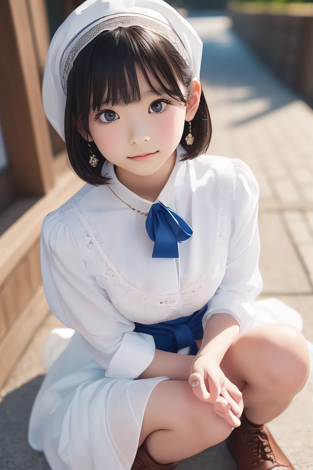 ((sfw: 1.4)), (sfw,She is wearing a long white embroidered skirt, a red blouse with lace, a white apron tied around her waist, blue socks, and brown leather shoes.A blue scarf is on her head. Yes, her accessories include necklaces, earrings, and bracelets. short-hair, 1 Girl)), Ultra High Resolution, (Realistic: 1.4), RAW Photo, Best Quality, (Photorealistic Stick), Focus, Soft Light, (()),  ((Japanese)), (( (young face))), (surface), (depth of field), masterpiece, (realistic), woman, bangs, ((1 girl))