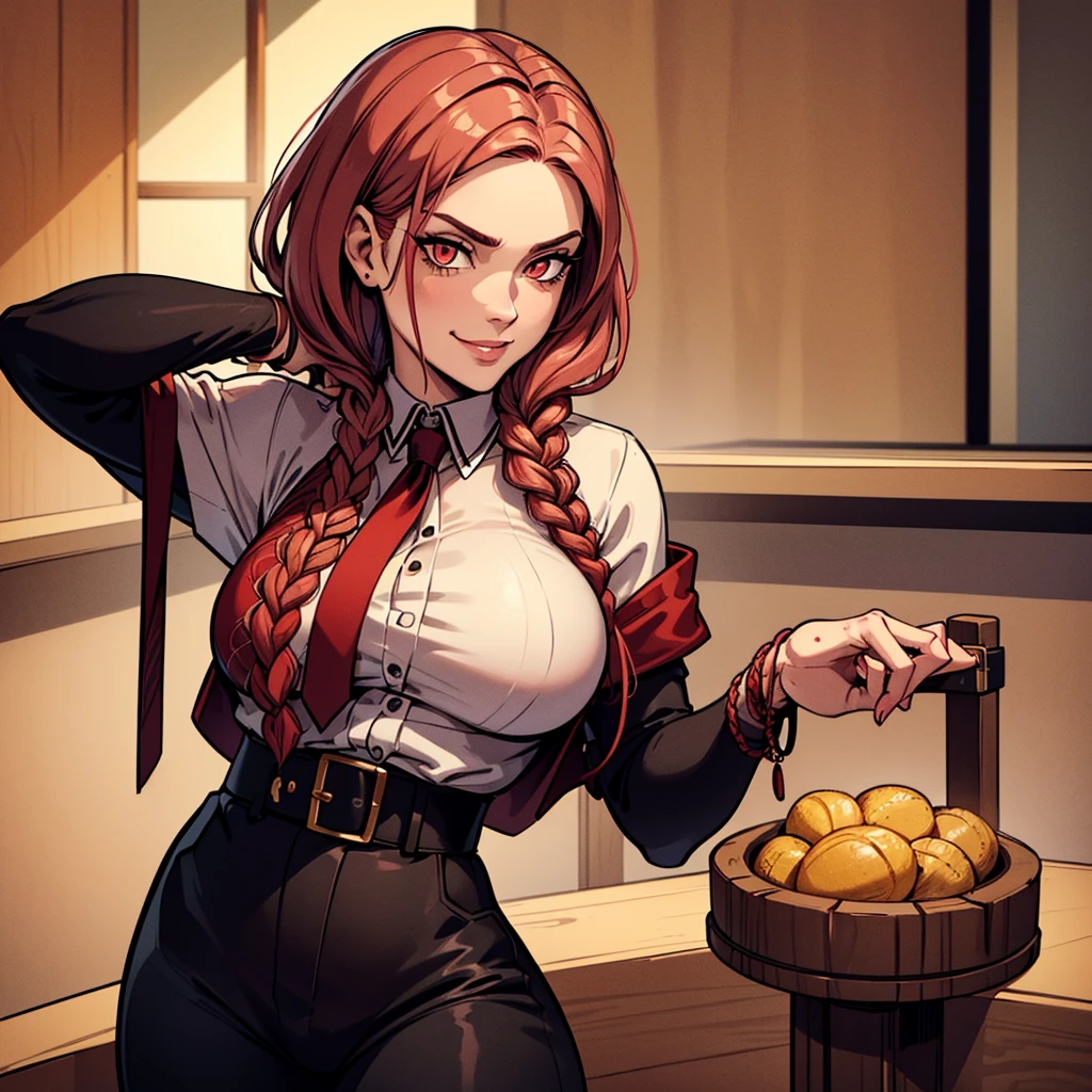 One female,最high quality, masterpiece, Very detailed, One woman, hand (Braiding in the back\), 最high quality, Super detailed, One Girl, alone, Are standing, Reddish pink hair, Long braided hair, Golden Eyes, bangs, Large Breasts, tie, stare, smile, (evil:1.2), Show Viewer , (interview: 1.3), hand (Braiding in the back), (A bloody scenario), Upper Body, Black trousers, Detailed face, Fine grain, high quality, 4K quality, 8K quality,