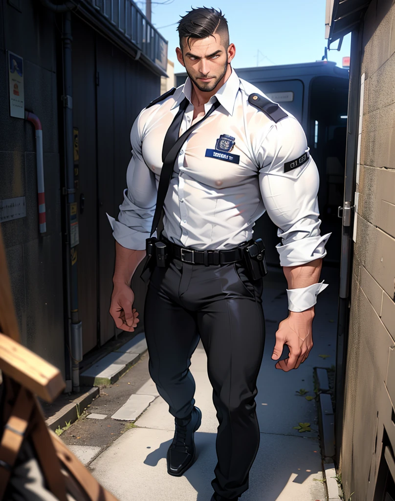 An imposing european man standed walking, the man is in police tactical uniform, handling a Desert Eagle, natural alluring eyes, flush face, captivating look, big feet, black socks, full body , slim waist, large bulge, long legs, looking at front, 30 years old, muscled and mature, short haircut, open chest, shirt button undone, sweating, tight cloth.
