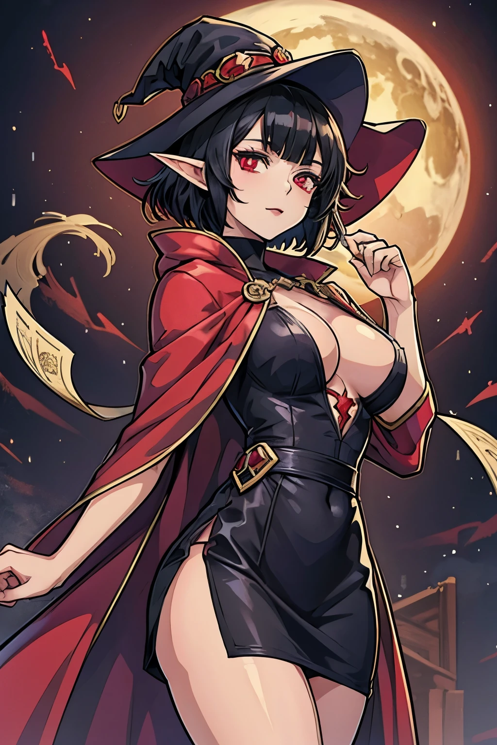 Anime girl, short black hair, elf ears, red eyes, vampire, sorcerer, magician, witch, big witch hat, robes, elegant