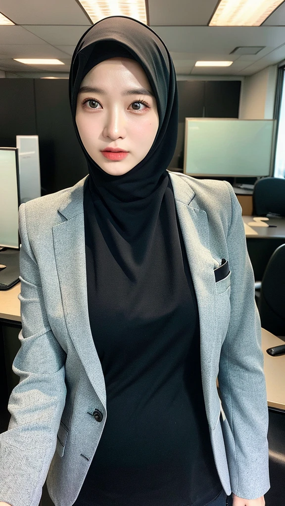 ((Best quality, 8k,low pov, tight office suit, Masterpiece :1.3)), 1girl, Pretty old mom with slender abs :1.3, (Medium-short hair, huge breasts, huge nipple, areola, curvy body, sweaty, naughty look :1.2), sweaty :1.1, Ultra-detailed face, Detailed eyes, Double eyelid, brown skin, pregnant, hijab, tight hijab, detailed image, detailed skin, perfect, volumetric realistic lighting