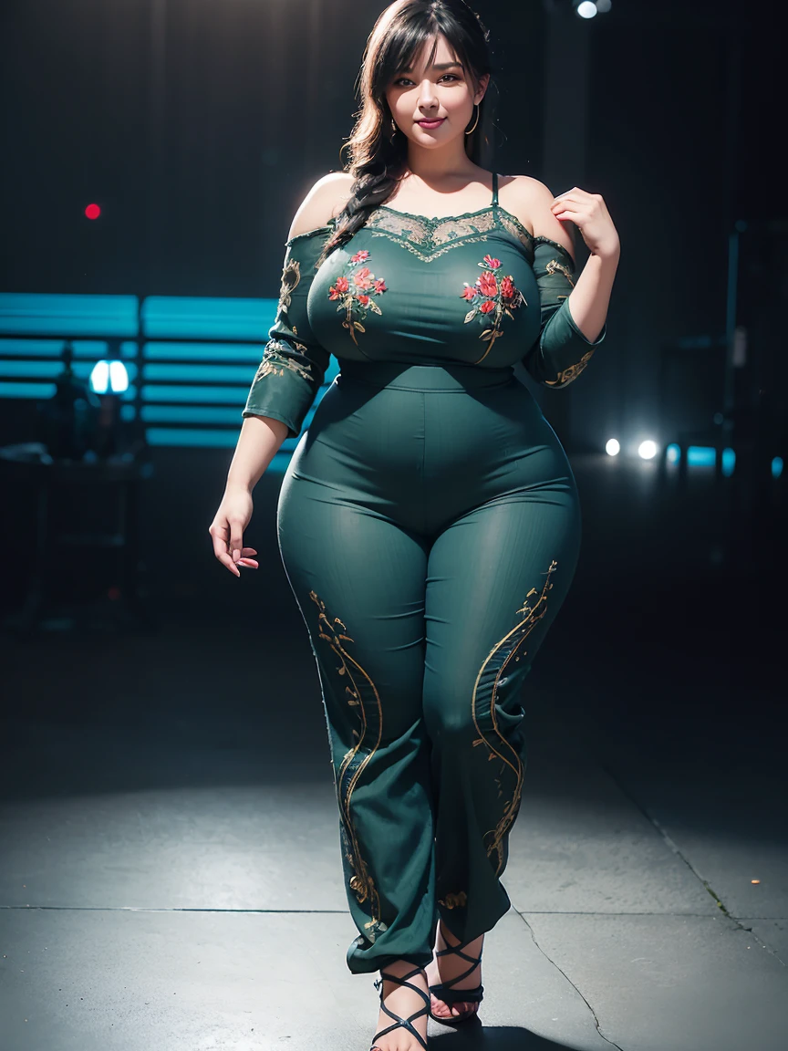 Beautiful sensual and erotic woman with curvy body, long black hair, bangs, French braid, average size, thick, beautiful fit breasts, curvy accentuated booty, detailed sparkling olive green eyes, eyes are olive green, long eyelashes, sensual smile, thick thighs, smiles uncertainly at the camera, (( red embroidery bleu Short Jumpsuits: 1.2,)), fashion show, bracelet, photorealistic, masterpiece, Bokeh, volumetric lighting, sensual mood, full body view,