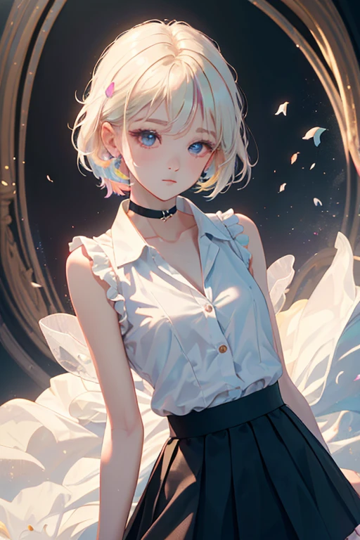 1girl, Sleeveless white buttoned shirt, Black skirt, Black Choker, cute little, (Kpop Idle), (attractiveness:1), (Platinum Blonde Hair:0.8), ((Puffy eyes)), Irridescent color, (background: Rainbow), Look at the viewer, Facing the front, (Photorealsitic:1.2), (Delicate images), (Highly detailed), (high resolution), (Best quality), (masterpiece)
