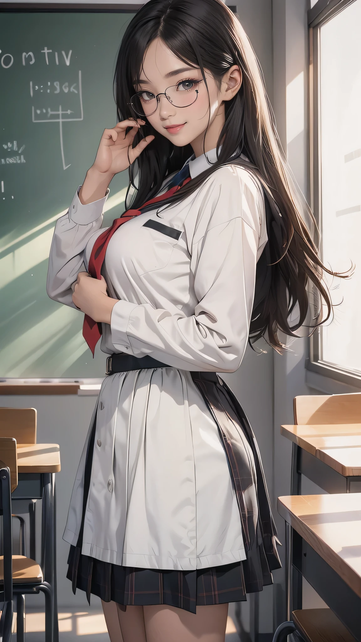 looking at viewer,high school girl,leaning forward,(random school uniform),(random Lively pose),(Thin type),(large breasts),(random hairstyle),(Highest image quality, (8K), Ultra-realistic, Best Quality, High quality, High Definition, high quality texture, high detailing, Beautiful detailed, fine detailed, extremely details CG, Detailed texture, realistic representation of face, masterpiece, presence),(wearing glasses:1.1)