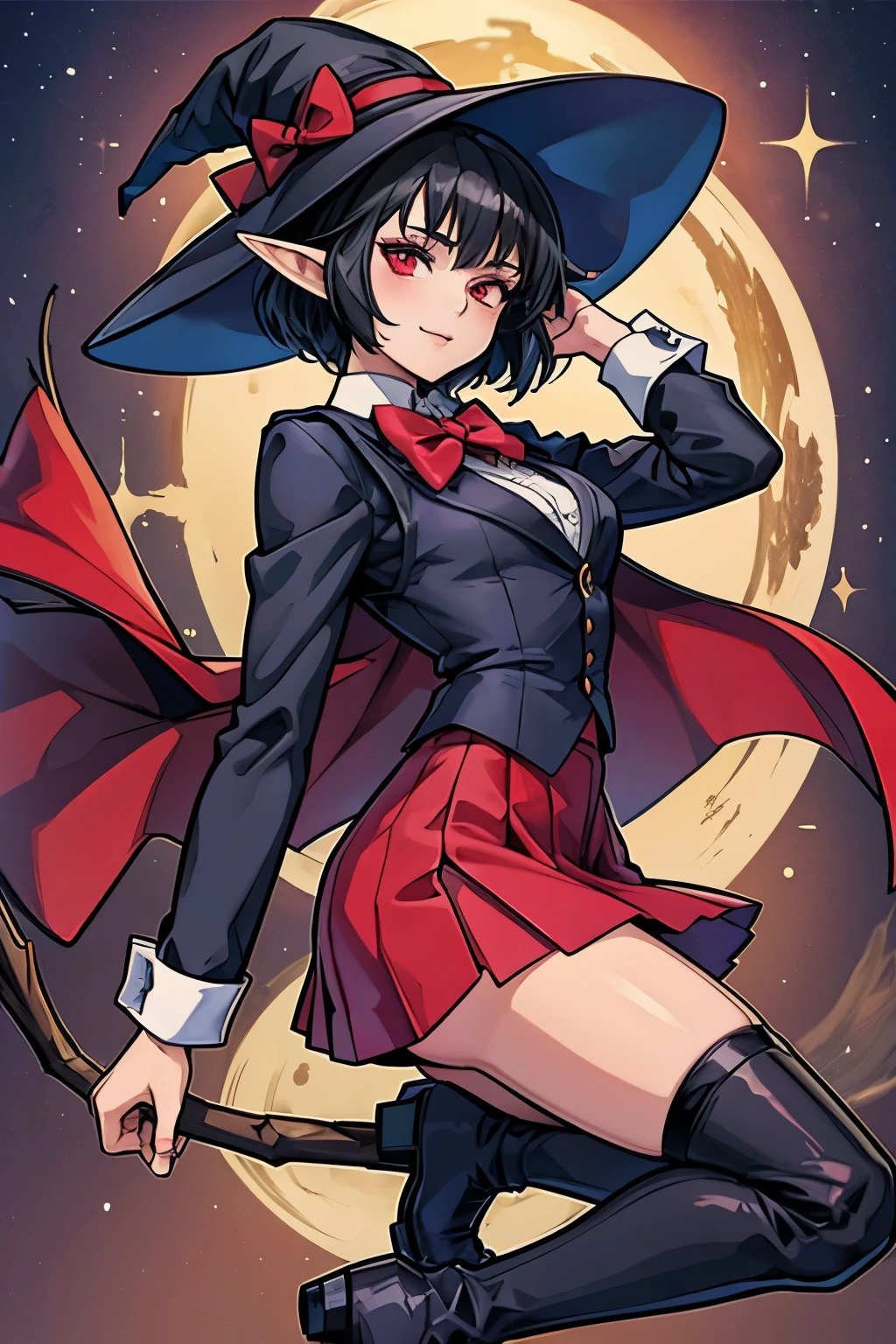 Anime girl, short black hair, elf ears, red eyes, vampire, sorcerer, magician, witch, big witch hat, bowtie, shirt, vest, skirt, stockings, boots, elegant, sparkles, magic