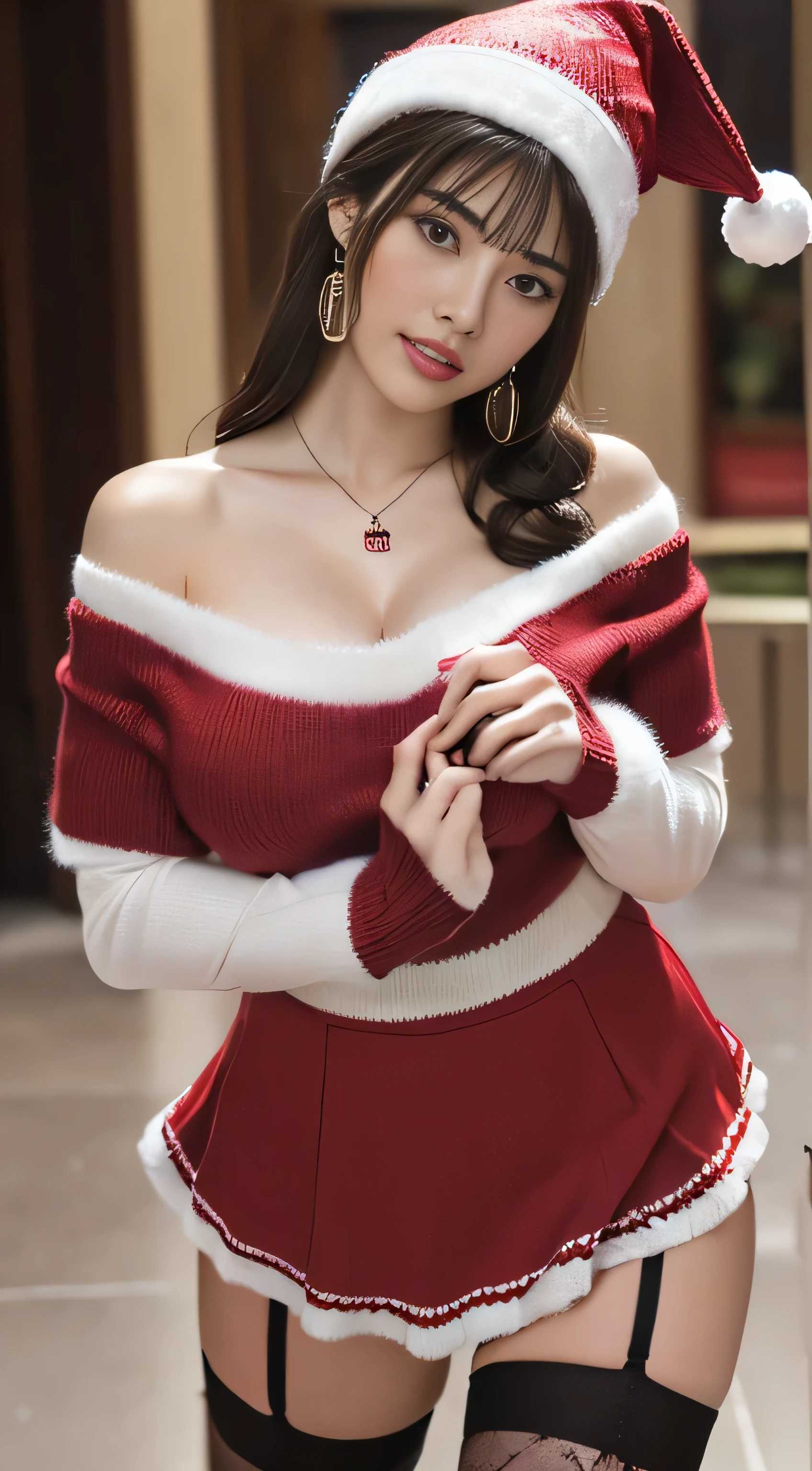 ((Tabletop, highest quality, High resolution, , Perfect Pixel, 4K, ))), 1 girl, single, alone, Beautiful woman、(An angle where you can see the whole body)、 ((Mid-wave hair, bangs, Brown Hair)), ((Brown eyes, Beautiful eyelashes, Realistic eyes)), ((Detailed face, blush:1.2)), ((Smooth texture:0.75, Realistic texture:0.65, Realistic:1.1, Anime CG Style)), Big Breasts、Soft Breasts、Dynamic Angle, Perfect body, ((Santa Claus Costume、、Knitted hat、Red off-the-shoulder sweater、red and white flared skirt、Black garter stockings、Earrings、necklace、、Stick your butt out、、Superior、