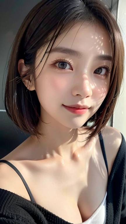 (((Close-up of face)))、(((Absolutely shoulder-length brown straight short bob)))、(((She is posing like a hair salon model, with a black wall indoors as the background.)))、(((Casual black winter long sleeve cardigan)))、Half Japanese, half Korean、18 year old girl、Standing Alone、Looking forward、Light eye makeup、Brown Hair Color、Flat and 、Hair blowing in the wind、Actress Quality、Glossy, ultra-realistic face、Smiling face、Watery eyes、Gazing Up、Subtle lighting effects、 Ultra-Realistic Capture、Very detailed、High resolution 16K close up of human skin。Skin texture must be natural、The details must be such that pores can be clearly seen、The skin is healthy、Uniform tone、Use natural light and colors、A worn-out, high-quality photo taken by a model agency&#39;s in-house photographer.、smile、(((SIGMA 300 mm F/1.4,1/1000 sec shutter,ISO 400)))
