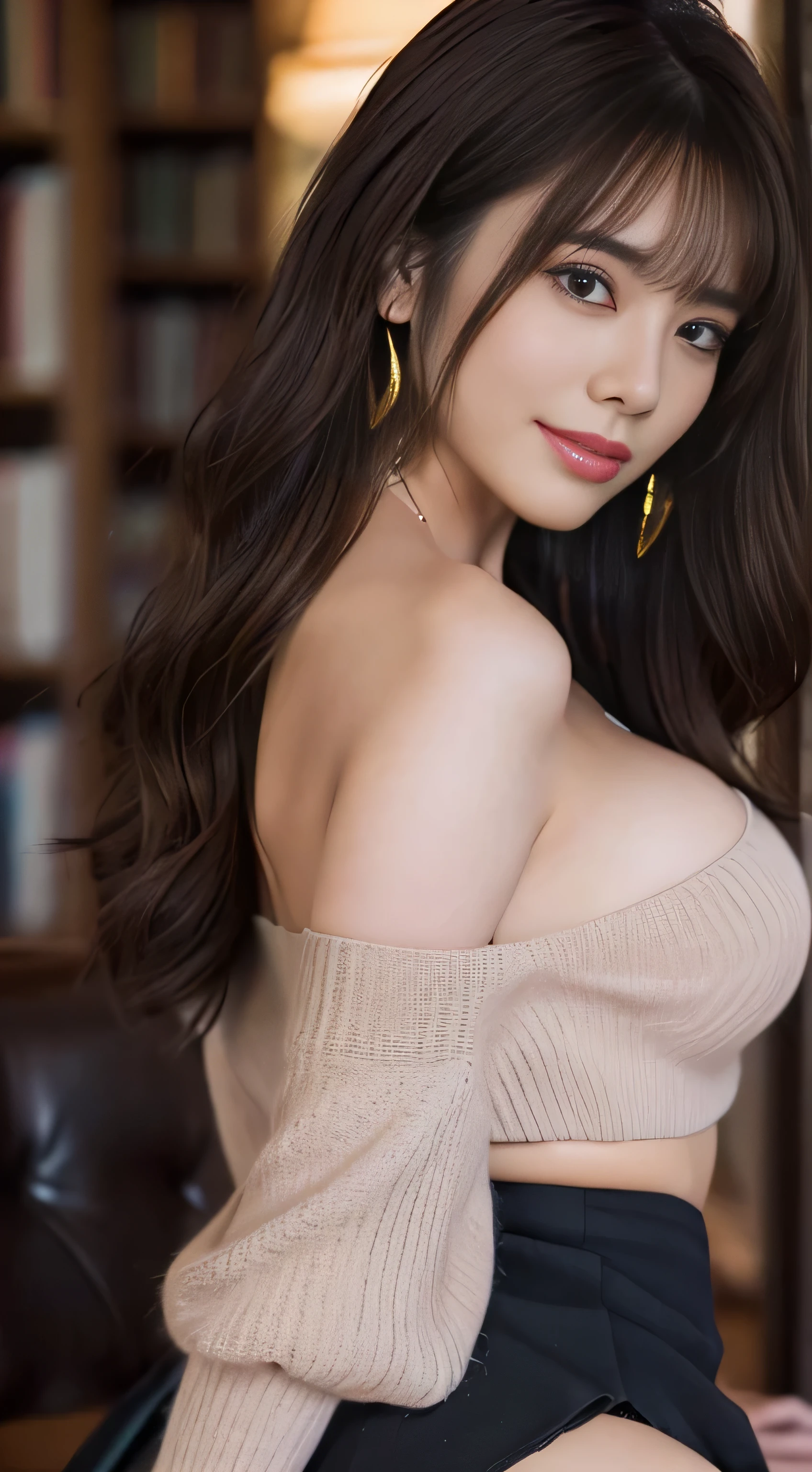 ((Tabletop, highest quality, High resolution, , Perfect Pixel, 4K, ))), 1 girl, single, alone, A beautiful girl who can see the whole body)、 ((Mid-wave hair, bangs, Brown Hair)), ((Brown eyes, Beautiful eyelashes, Realistic eyes)), ((Detailed face, blush:1.2)), ((Smooth texture:0.75, Realistic texture:0.65, Realistic:1.1, Anime CG Style)), Big Breasts、Soft Breasts、Dynamic Angle, Perfect body, ((Female rulers、、Beige off-the-shoulder sweater、Dark blue flared skirt、Black garter stockings、Earrings、necklace、Upward glance、A shy smile、Library desk、Leaning forward significantly、Get on all fours、、A little bit of bra is visible、Massage your chest with one hand、flip up the skirt with one hand、))