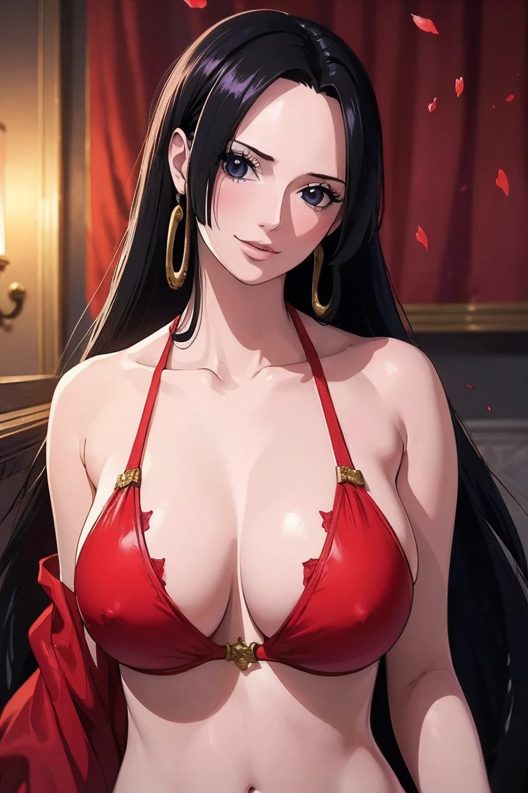 best quality, masterpiece, highly detailed,1girl, ((rose)), (vine), cage, bandage, red rope, (detail light), falling rose petals, Boa Hancock,, (masterpiece:1.5), Detailed Photo, Smiling,(8K, Photorealistic, Best Quality: 1.4), (1girl), Beautiful Face, (anime realistic Face), (Black Hair, long Hair: 1.3), Beautiful Hairstyle, Realistic eyes, beautiful detail eyes, (realistic skin), beautiful skin, red bikini absurd, attractive, ultra high resolution, ultra realistic, high definition, golden ratio,