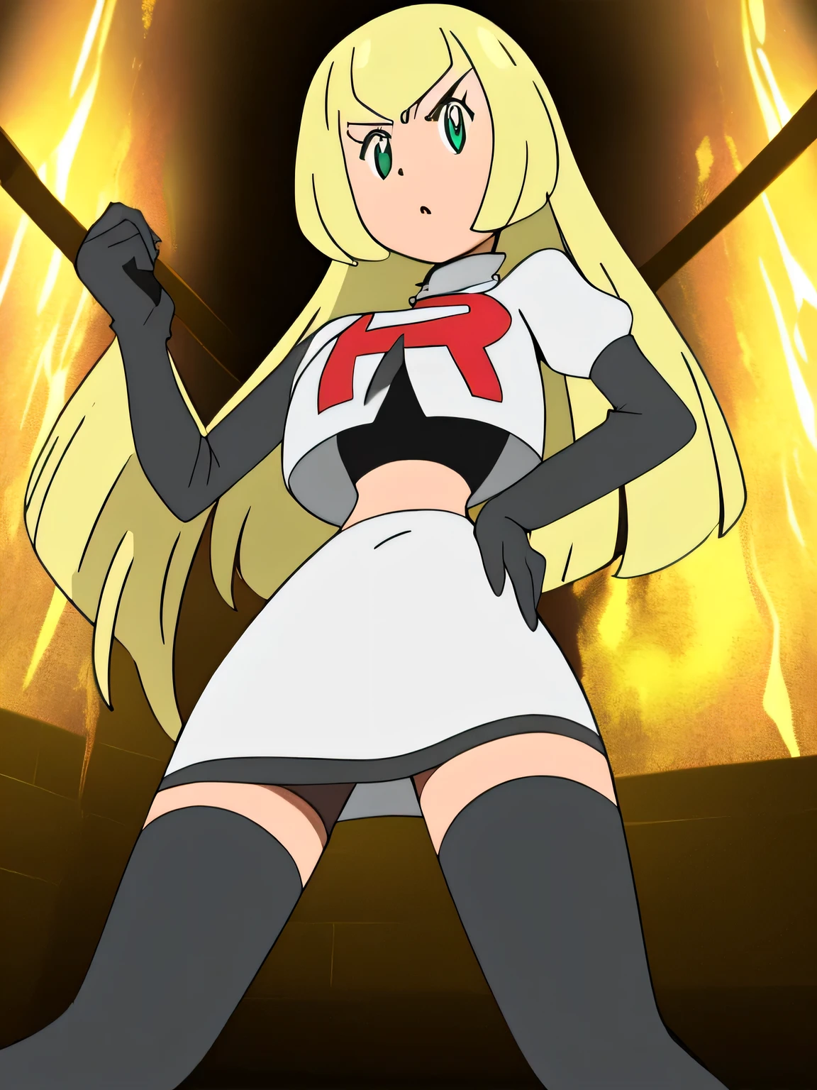 masterpiece,best quality,high res,high quality,8k, masterpiece,highres, team rocket uniform, red letter r, white skirt,white crop top,black thigh-high boots, black elbow gloves, glaring angrily, looking down at viewer, hands on hips, cowboy shot, zettai ryouiki,spread legs,from below, black panties,anime style, vivid colors, sharp focus, intense lighting,colette brunel
