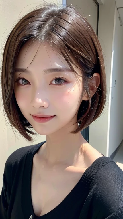 (((Close-up of face)))、(((Absolutely shoulder-length brown straight short bob)))、(((She is posing like a hair salon model, with a black wall indoors as the background.)))、(((Casual black winter long sleeve cardigan)))、Half Japanese, half Korean、18 year old girl、Standing Alone、Looking forward、Light eye makeup、Brown Hair Color、Flat and 、Hair blowing in the wind、Actress Quality、Glossy, ultra-realistic face、Smiling face、Watery eyes、Gazing Up、Subtle lighting effects、 Ultra-Realistic Capture、Very detailed、High resolution 16K close up of human skin。Skin texture must be natural、The details must be such that pores can be clearly seen、The skin is healthy、Uniform tone、Use natural light and colors、A worn-out, high-quality photo taken by a model agency's in-house photographer.、smile、(((SIGMA 300 mm F/1.4,1/1000 sec shutter,ISO 400)))