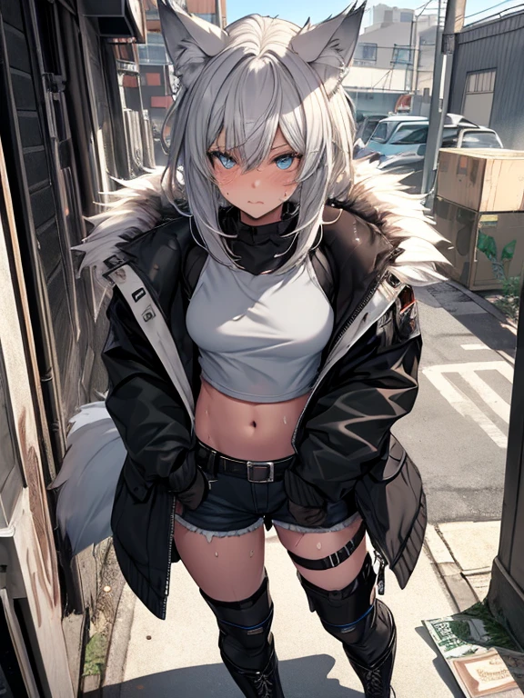 Single girl, Anime tomboy, Short, Long white hair, wolf ears, wolf tail, blue eyes, thigh high fishnets, black combat boots, wearing fur lined open jacket, nude, solo tomboy, only one female ((small breasts)) solo, alone, (SOLO)(ALONE) thighs, nice hips, blue eyes, perfect eyes, perfect face, pouty lips, happy, white shirt, midriff, black cutoff shorts, perfect detailed face, ((sweat)), aftersex, alley, modern grey walls, (prostitution), (((holding money in hand))), (((money))), dollar, ((after prostitution)), standing, spread legs, (smug), young,
