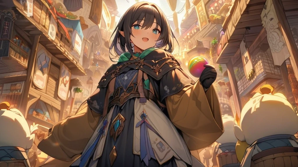 (masterpiece, highest quality:1.2), Perfect Face、Very detailed、Medieval Fantasy、In the magic market、A lively atmosphere spreads。The tents and stalls are packed with colorful magical items and everyday items.、Fairies and elves are full of energy。The story depicts the main character, a wizard, shopping with his fellow adventurers.。The whole market is enveloped in a magical glow.、There is a fun atmosphere。