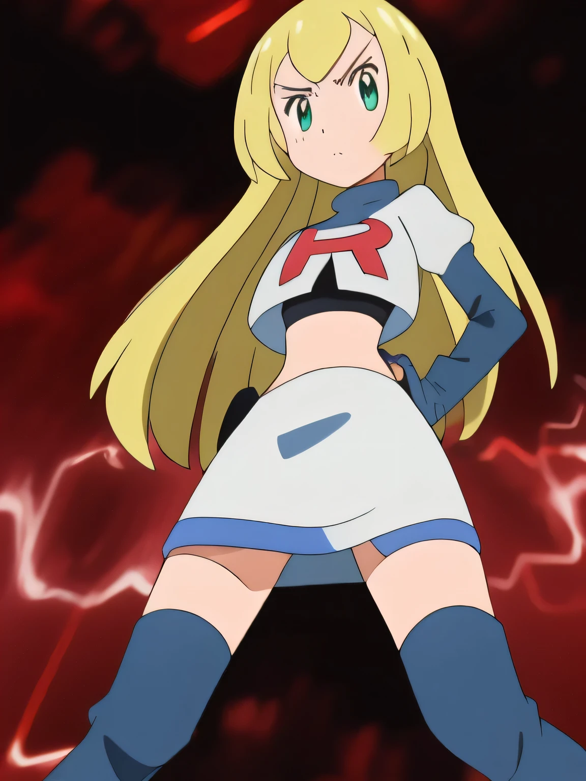 masterpiece,best quality,high res,high quality,8k, masterpiece,highres, team rocket uniform, red letter r, white skirt,white crop top,black thigh-high boots, black elbow gloves, glaring angrily, looking down at viewer, hands on hips, cowboy shot, zettai ryouiki,spread legs,from below, black panties,anime style, vivid colors, sharp focus, intense lighting,colette brumel