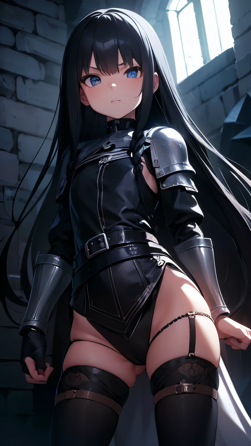 Ultra realistic girl , body , skinny , long black hair braided , knight armour medieval , seios planos , pantie , garterbelt meias longas , menacing face , sexy , dark dungeon . Dark wallpaper.