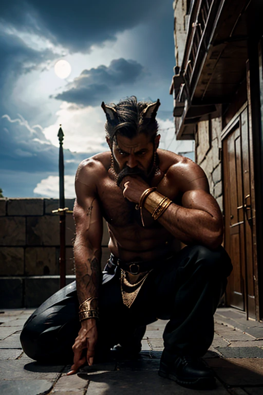 old man, he is dressed in black clothing with gold details, long pants with precious stone details and a magnificent bracelet on his wrist., white small beard, white medium hair, thunderstorm in bkacground, large moon in background, man with a large sword, blood in sword, photo realistc, nice illumination, body on the floor, in front of cam, scared face, he have a black wolf next to man, the wolf is bigger than man, the wolf angry face, are on the battlefield.