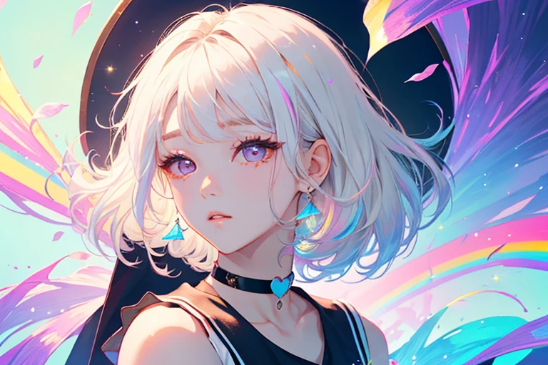 1girl, Sleeveless white buttoned shirt, Black skirt, Black Choker, cute little, (Kpop Idle), (attractiveness:1), (Platinum Blonde Hair:0.8), ((Puffy eyes)), tenderness, Irridescent color, (background: Rainbow), Look at the viewer, Facing the front, pose, (Delicate images), (Highly detailed), (high resolution), (Best quality), (masterpiece)