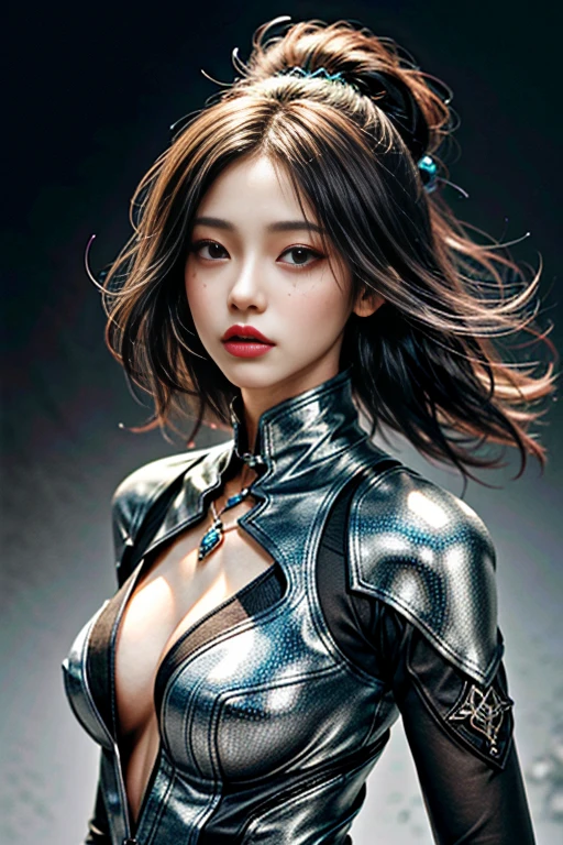 (best quality,4k,highres),(realistic,photorealistic:1.37),(Yoshitaka Amano style:1.1) A woman and her guardian familiar, mystical creature,otherworldly creature,enchanting companions,wearing stylish futuristic clothes,inspired by Phantasy Star Online. The woman is the central focus, with her eyes brightly colored and her facial features elegantly detailed. Her lips are painted with a vibrant shade, adding to her allure. Dressed like a Phantasy Star Online character. She is accompanied by a guardian familiar, a mystical creature with exquisite anatomical features. The creature's presence adds a sense of wonder and magic to the scene. The woman and her companion stand in a mesmerizing and bustling city. The colors are vibrant, with a mixture of blues, purples, and pinks creating a dreamlike atmosphere. The lighting is soft but illuminating, casting a gentle glow on both the woman and the creature. The overall composition has a realistic and photorealistic quality, capturing the essence of the scene in intricate detail. The art style is inspired by Yoshitaka Amano, known for his ethereal and otherworldly illustrations. The combination of realistic elements with the artist's unique style creates a captivating and visually stunning image.