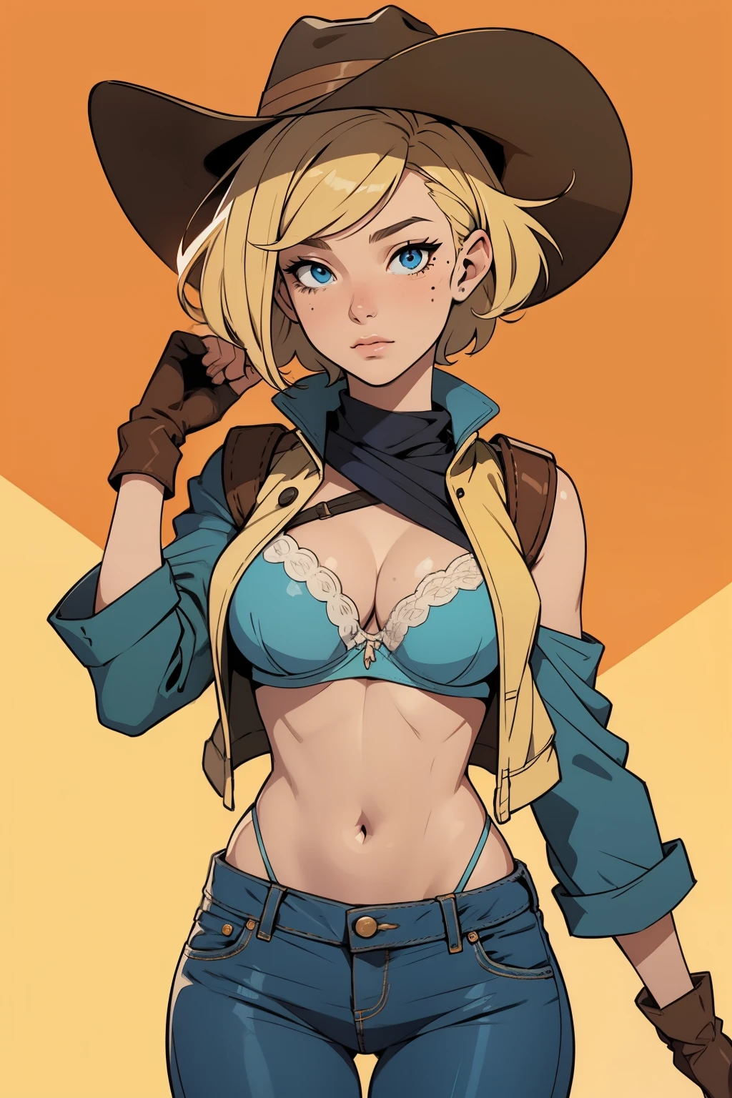 vibrant color, saturated color, colorful, 1girl, cowboy hat, beautiful face, white bra, green vest, no sleeve, navel, blue jeans, brown boots, fingerless gloves, short hair, blonde hair, parted bangs, blue eyes, mole under right eye, American old west, best quality, masterpiece, sensual but confident pose, thigh gap, wild west, sunny background,