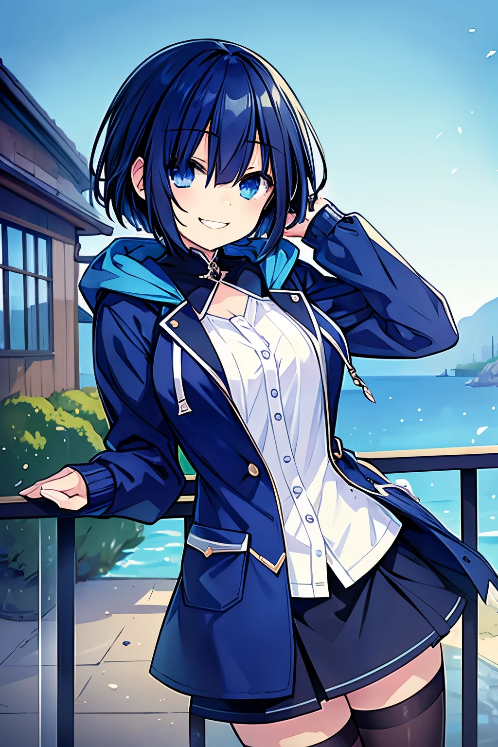 Masterpiece, best quality, 1girl, finely detailed, dark blue hair, low short hair, blue eyes, sweet, cute, smiling, happy, big grin clothes: jacket with hood, short and stockings, slim body, outdoors