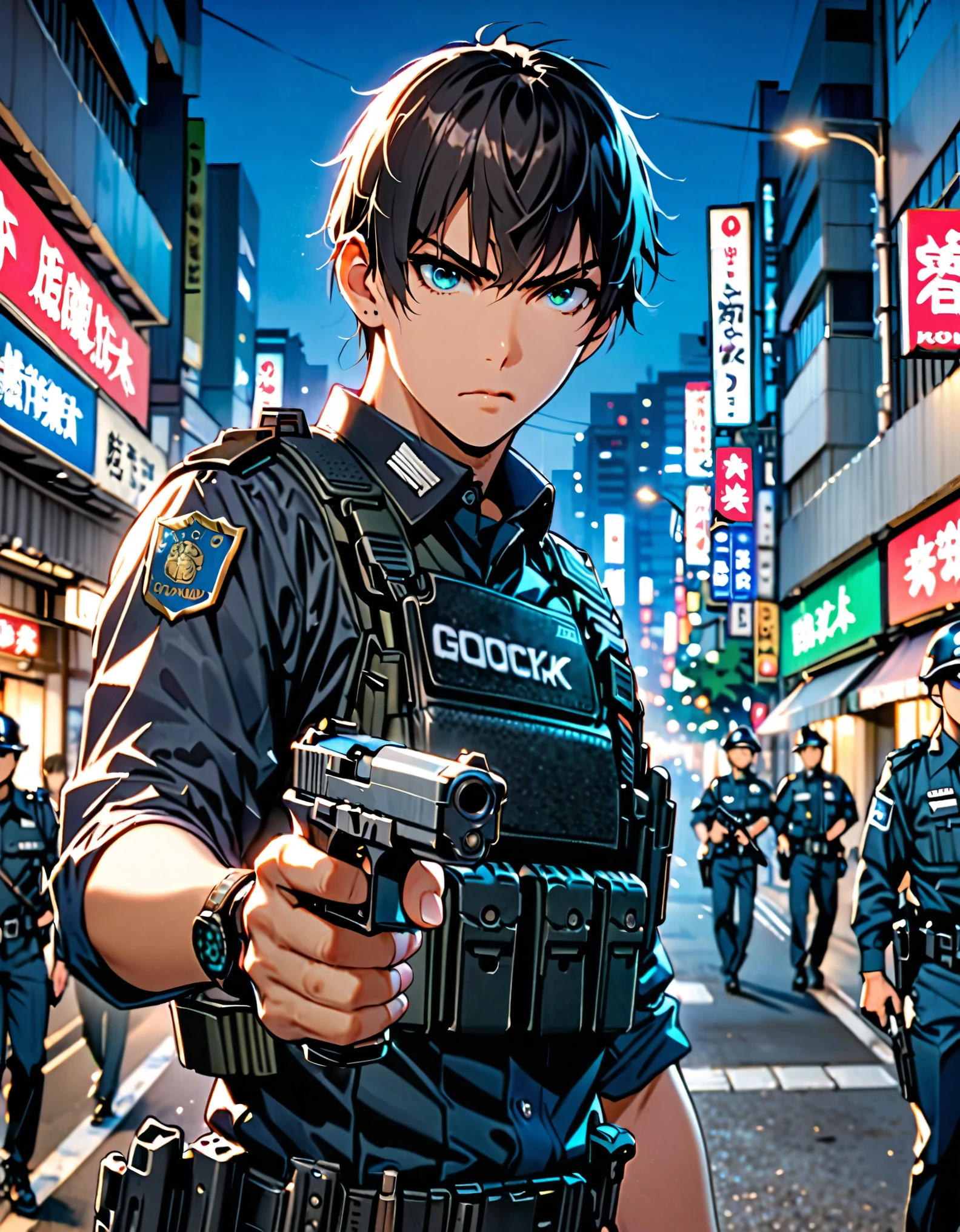 high resolution,(masterpiece:1.4),Hyper-detailing,Young man,holding a pistol,routine patrol , Japanese Police officer, black uniform, tokyo street, The expression is cocky, (holding a gun, holding a pistol, shooter, finger on trigger, glock17), solo, solo focus, black hair, blue-green eyes, (crew cut, spiky hair).